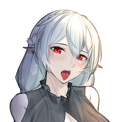  arknights bare_shoulders braid clothing_cutout commentary crown_braid fangs female flower hair_between_eyes hair_flower hair_ornament head_tilt highres irkawaza long_hair looking_at_viewer open_mouth pointy_ears red_eyes shoulder_cutout simple_background solo tongue tongue_out upper_body warfarin_(arknights) warfarin_(casual_vacation)_(arknights) white_background white_hair 