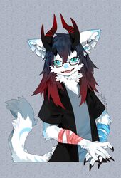  anthro bandage bandaged_arm claws depravedstar dragon eyewear finger_claws fur glasses half-length_portrait hi_res horn inner_ear_fluff mythological_creature mythological_scalie mythology portrait pupils scalie simple_background slit_pupils solo tail tuft white_body white_fur 