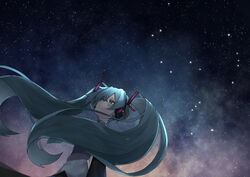  aqua_eyes aqua_hair aqua_necktie black_sleeves commentary constellation dutch_angle female floating_hair grey_shirt hair_ornament hatsune_miku headphones highres long_hair looking_away necktie night night_sky orion_(constellation) reirou_(chokoonnpu) shirt sky solo star_(sky) star_(symbol) starry_sky twintails upper_body very_long_hair vocaloid 