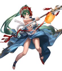  bare_shoulders breasts cuboon earrings female fire_emblem fire_emblem:_the_blazing_blade fire_emblem_heroes full_body fur_trim green_eyes green_hair highres holding holding_weapon japanese_clothes jewelry lantern large_breasts lips long_hair looking_away lyn_(fire_emblem) lyn_(flame)_(fire_emblem) mask mask_on_head medium_breasts non-web_source official_art open_mouth paper_lantern polearm ponytail rope sarashi spear thighs toes transparent_background vambraces weapon 