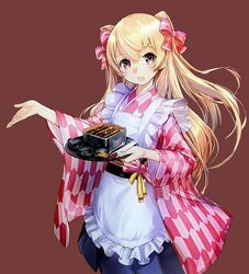  apron breasts brown_background brown_eyes checkered_clothes checkered_kimono chopsticks cowboy_shot female fish_(food) food frills grilled_eel hair_ribbon holding holding_tray japanese_clothes johnston_(kancolle) johnston_(wa_waitress_mode)_(kancolle) kantai_collection kimono light_brown_hair long_hair looking_at_viewer maid maid_apron medium_breasts official_art open_mouth ribbon scan smile tray two_side_up unajuu_(food) wa_maid white_apron wide_sleeves yagasuri zeco 