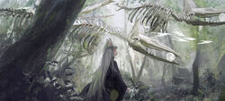  absurdres animal_ears bird female flying forest highres kurikabacha long_hair moon moss nature original pale_color plant scenery skeleton solo surreal tree very_long_hair whale white_hair 