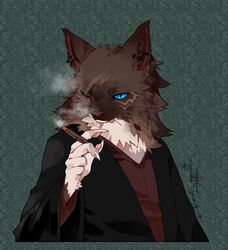  anthro blind_eye blue_eyes brown_body brown_fur cigar claws depravedstar domestic_cat ear_piercing ear_ring felid feline felis finger_claws fur half-length_portrait hi_res maine_coon male mammal neck_tuft pawpads piercing portrait pupils ring_piercing scar slit_pupils solo tuft 