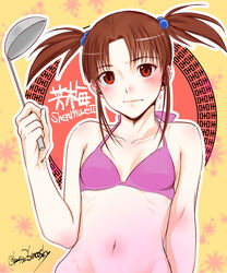  bare_shoulders bikini bikini_top_only blush breasts brown_eyes brown_hair embarrassed female floral_background hair_bobbles hair_ornament hand_up holding holding_ladle kusu_(moo1225) ladle midriff navel pink_bikini shenmue shenmue_ii signature small_breasts solo string_bikini swimsuit twintails xun_fang_mei yellow_background 