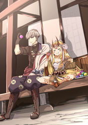  1boy architecture black_gloves blonde_hair boots east_asian_architecture eating fate/grand_order fate_(series) female food gloves grey_hair haku_(grimjin) highres horns ibaraki_douji_(fate) macaron oni_horns sitting watanabe_no_tsuna_(fate) 