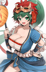  :d absurdres bandages blue_shirt blue_skirt blush breasts chest_sarashi cleavage collarbone commentary cowboy_shot female fire_emblem fire_emblem:_the_blazing_blade fire_emblem_heroes gonzarez green_eyes green_hair hand_on_own_hip hand_up highres holding huge_breasts long_hair looking_at_viewer lyn_(fire_emblem) lyn_(flame)_(fire_emblem) mask mask_on_head official_alternate_costume open_mouth ponytail revision sarashi shirt simple_background single-shoulder_shirt single_bare_shoulder single_sleeve skirt smile solo standing strapless tube_top very_long_hair white_background 