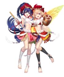  2girls bare_shoulders barefoot blonde_hair blue_eyes blue_hair drum fairy fairy_wings fire_emblem fire_emblem:_the_sacred_stones fire_emblem_heroes gradient_hair hair_between_eyes highres holding holding_weapon horned_mask instrument long_hair looking_at_viewer mashima_saki_(mashimasa) mask mask_on_head midriff multicolored_hair multiple_girls navel non-web_source official_art open_clothes open_mouth orange_hair pelvic_curtain peony_(fire_emblem) peony_(flame)_(fire_emblem) polearm ponytail purple_eyes rope sarashi sidelocks sleeveless smile spear stomach tana_(fire_emblem) tana_(flame)_(fire_emblem) teeth toes transparent_background upper_teeth_only weapon wings 