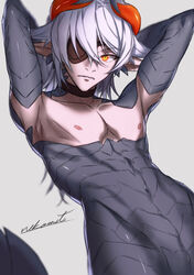  1boy armpits arms_behind_head artist_name borrowed_character brown_choker centauroid choker eyepatch fangs grey_background grey_scales hair_between_eyes highres horns ignador_(mountain_of_heaven) long_hair looking_at_viewer male_focus monster_boy multicolored_eyes nekomiti nipples nude orange_eyes orange_horns parted_lips pixiv_fantasia pixiv_fantasia_mountain_of_heaven pointy_ears scales signature simple_background slit_pupils solo sway_back tail taur toned toned_male upper_body white_hair yellow_eyes 