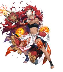  abs bare_shoulders breasts broken_mask chyko clenched_teeth dark-skinned_female dark_skin facial_mark female fire fire_emblem fire_emblem_fates fire_emblem_heroes full_body fur_trim hair_ornament hand_fan highres holding horned_mask lantern looking_away mask mask_on_head medium_breasts midriff muscular muscular_female navel non-web_source official_art one_eye_closed paper_lantern parted_lips pelvic_curtain red_eyes rinkah_(fire_emblem) rinkah_(flame)_(fire_emblem) sarashi shorts solo stomach strapless teeth thigh_strap toes torn_clothes transparent_background white_hair 