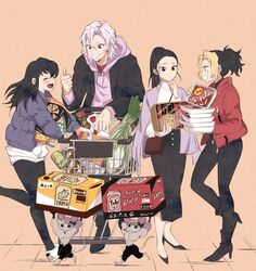  1boy 3girls alcohol alternate_costume animal animal_ears bag beer black_hair black_legwear black_pants blush box carrying casual closed_eyes clothed_animal down_jacket food full_body groceries grocery_bag headband high_heels highres hinatsuru_(kimetsu_no_yaiba) hood hoodie husband_and_wives jacket kimetsu_no_yaiba long_sleeves makio_(kimetsu_no_yaiba) meat mouse_(animal) mouse_ears multiple_girls ninju_(kimetsu_no_yaiba) open_clothes open_mouth pants pink_hoodie polygamy ponytail red_eyes red_jacket san_mon shopping_bag shopping_cart smile straight suma_(kimetsu_no_yaiba) thumbs_up uzui_tengen white_hair 