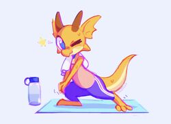  ambiguous_gender anthro blue_eyes bodily_fluids bottle celebi-yoshi clothed clothing container flat_chested hi_res horn kobold kurindai_(downhillcarver) nonbinary_(lore) one_eye_closed orange_body orange_scales scales simple_background solo sweat towel towel_on_shoulder water_bottle workout_clothing yellow_body yellow_scales yoga_mat 