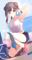  absurdres arm_up armpits bare_arms bare_legs bottle breasts brown_eyes brown_hair commentary double_bun dutch_angle female hair_bun hairband highres idolmaster idolmaster_shiny_colors kadomaki_madoka looking_at_viewer medium_breasts medium_hair shirt shoes short_shorts shorts sneakers solo sonoda_chiyoko thighs towel twintails water_bottle white_shirt 