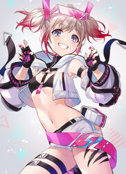  arm_strap bikini bikini_top_only black_bikini black_gloves blue_eyes breasts commentary_request crop_top detached_sleeves earrings eyewear_on_head female fingerless_gloves gloves gradient_hair grey_hair grin highres hood hooded_vest hoodie idolmaster idolmaster_shiny_colors iku2727 jewelry looking_at_viewer midriff multicolored_hair nail_polish navel open_clothes open_vest red_hair red_nails serizawa_asahi short_hair short_shorts short_twintails shorts small_breasts smile solo sunglasses swimsuit thigh_strap twintails vest white_shorts 