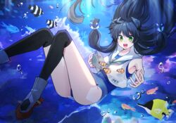  air_bubble animal anthias_(fish) ass black_hair black_thighhighs blue_one-piece_swimsuit blush bubble butterflyfish clownfish damselfish female fish green_eyes headgear highres i-47_(kancolle) kantai_collection katsuobushi_(eba_games) long_hair one-piece_swimsuit open_mouth rudder_footwear sailor_collar sailor_shirt school_swimsuit shirt sleeveless sleeveless_shirt smile solo swimsuit swimsuit_under_clothes thighhighs tropical_fish underwater white_sailor_collar white_shirt 