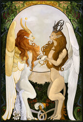  ambiguous_gender anthro art_nouveau brown_body brown_hair classical deity demon detailed_background diorionarh duo eye_contact feathered_wings feathers forest fur grass hair hi_res horn intersex intersex/intersex leaf looking_at_another mythology nature plant red_hair renaissance romantic romantic_couple smile tree unknown_species white_body wings 