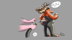  16:9 2020 3_fingers 4k absurd_res adalore ambiguous_gender animate_inanimate anthro biped black_body black_nose black_sclera dialogue digital_drawing_(artwork) digital_media_(artwork) duo english_text fan_character fingers fur generation_8_pokemon glistening grey_background hi_res imminent_inflation inflatable lagomorph latex leporid living_inflatable looking_back mammal nintendo nonbinary_(lore) orange_body orange_eyes pink_body pink_fur pokemon pokemon_(species) rabbit raboot red_body simple_background solo_focus speech_bubble standing striped_ears stripes text trufours widescreen 