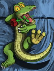  absurd_res alligator alligatorid anthro argyle_alligator bedding bedroom craftyandy crocodilian flower hi_res huge_filesize male open_mouth paws plant presenting reptile rose_(flower) scalie solo 