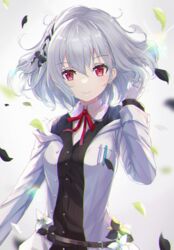  absurdres aka_(440626) black_bow black_flower black_ribbon black_shirt bow closed_mouth collared_shirt dress_shirt female floating_hair flower gloves grey_hair hair_between_eyes hair_ribbon hairbow hakase_fuyuki hakase_fuyuki_(1st_costume) highres looking_at_viewer medium_hair neck_ribbon nijisanji red_eyes red_ribbon ribbon shirt smile solo standing upper_body virtual_youtuber white_flower white_gloves white_shirt wing_collar 