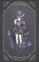  1boy aiguillette ajicoma animal_ears animal_on_shoulder argyle_cape argyle_clothes ascot bad_id bad_pixiv_id black_cape black_cat black_footwear black_gloves black_hair black_jacket black_sash black_shirt black_shorts black_socks bow bowtie brown_eyes cane cape cat_boy cat_ears cat_tail closed_mouth commentary crown dot_mouth feline framed_image full_body fur-trimmed_cape fur_trim gloves gold_trim grey_background jacket legwear_garter long_sleeves looking_at_viewer male_focus original pale_skin puffy_sleeves red_bow red_bowtie ribbon sash shirt shoes short_hair short_shorts shorts socks solo star_(symbol) swept_bangs symbol-only_commentary tail tail_bow tail_ornament white_ascot 