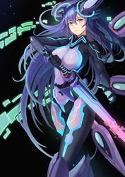  blue_eyes bodysuit breasts commentary_request expressionless feet_out_of_frame female hair_between_eyes headgear holding holding_sword holding_weapon jme131456 long_hair looking_at_viewer neptune_(series) next_purple power_symbol power_symbol-shaped_pupils purple_hair purple_heart_(neptunia) skin_tight solo standing sword symbol-shaped_pupils weapon 