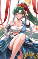  :d bandages blue_shirt blue_skirt blush breasts burnt_green_tea chest_sarashi cleavage collarbone commentary cowboy_shot female fire_emblem fire_emblem:_the_blazing_blade fire_emblem_heroes green_eyes green_hair hand_on_own_hip hand_up highres holding large_breasts long_hair looking_at_viewer lyn_(fire_emblem) lyn_(flame)_(fire_emblem) mask mask_on_head official_alternate_costume open_mouth ponytail sarashi shirt simple_background single-shoulder_shirt single_bare_shoulder single_sleeve skirt smile solo standing strapless tube_top very_long_hair white_background 