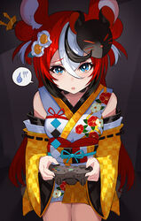  absurdres animal_ears blue_eyes chicken_piccata detached_sleeves double_bun female film_grain flower hair_bun hair_flower hair_ornament hairpin hakos_baelz hakos_baelz_(new_year) highres hololive hololive_english japanese_clothes kimono mask mask_on_head mouse_ears playing_games red_hair virtual_youtuber xbox_controller 