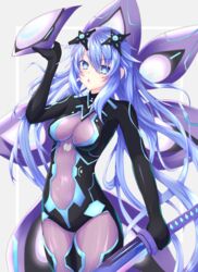  arm_up blue_eyes blush bodysuit breasts commentary_request covered_navel cowboy_shot female hair_between_eyes headgear highres holding holding_sword holding_weapon kumari7 long_hair looking_at_viewer neptune_(series) next_purple open_mouth power_symbol power_symbol-shaped_pupils purple_hair purple_heart_(neptunia) skin_tight solo standing sword symbol-shaped_pupils very_long_hair weapon 