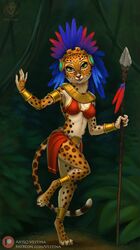  anthro aztec bottomwear bra bracelet clothing feathers felid female fur hi_res jaguar jewelry loincloth looking_at_viewer mammal markings melee_weapon pantherine plume polearm solo spear spots spotted_body spotted_fur text underwear url vestina weapon 