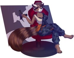  alpha_channel anthro big_breasts breasts chair cleavage clothed clothing cockpit copyright_symbol digitigrade feet female fur furniture futuristic guardians_of_the_galaxy gun handgun hi_res konomofu mammal marvel pistol procyonid raccoon ranged_weapon rocket rocket_raccoon rule_63 solo symbol the_avengers weapon 