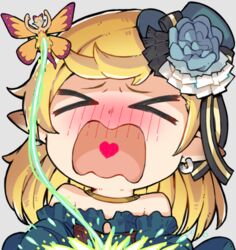  &gt;_&lt; bare_shoulders blonde_hair blue_dress blue_flower blue_hat blue_rose blush chibi closed_eyes commentary_request dress earrings facing_viewer fairy female final_fantasy final_fantasy_xiv flower grey_background haruken hat hat_flower heart heart_in_mouth jewelry lalafell long_hair lowres mini_hat nose_blush off-shoulder_dress off_shoulder open_mouth pointy_ears portrait rose selene_(ff14) simple_background solo tilted_headwear warrior_of_light_(ff14) wavy_mouth 