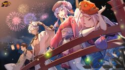  2boys 2girls a-37 artist_request black_hair blurry bridge copyright_notice depth_of_field dutch_angle firework_background floral_print fox_mask glowing highres japanese_clothes kimono lantern leaf logo mahjong_soul mask mask_on_head multiple_boys multiple_girls night obi official_art paper_lantern perspective pink_eyes plant purple_hair saitou_osamu sash suzumiya_anju takanashi_hinata toned toned_male tongue tongue_out white_hair yellow_eyes 