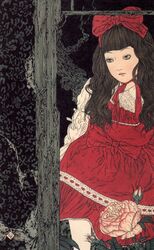  blunt_bangs bow brown_hair closed_mouth dress feet_out_of_frame female flower grey_eyes hairbow highres lace-trimmed_dress lace_trim limited_palette long_hair long_sleeves original red_bow red_dress red_theme rose solo traditional_media wavy_hair yamamoto_takato 