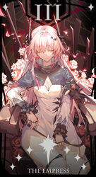  absurdres arknights bad_id bad_pixiv_id blur_censor bowing censored closed_eyes commentary demon_girl demon_horns dress female hand_on_thighs highres horns jewelry kotatsu_kaya long_hair long_sleeves mixed-language_commentary pink_hair ring star_(symbol) tarot tarot_(medium) the_empress_(tarot) theresa_(arknights) thumb_ring very_long_hair white_dress 