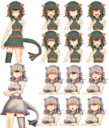  2girls at2. blunt_bangs blush breasts closed_mouth collarbone elder_guardian_(minecraft) expressions flat_chest green_hair grey_hair grin guardian_(minecraft) highres looking_at_viewer medium_breasts medium_hair minecraft multiple_girls multiple_views oerba_yun_fang one-eyed parted_lips personification pink_eyes red_eyes short_hair smile tail teeth 