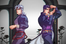  2boys alternate_color belt_collar black_hair blue_eyes blue_jacket bracelet chains collar dio_brando gakuran grey_hair hat jacket jewelry jojo_no_kimyou_na_bouken kujo_jotaro large_pectorals less_end long_coat male_focus mikumikudance multiple_boys muscular muscular_male no_headwear pectorals purple_hair school_uniform stardust_crusaders 