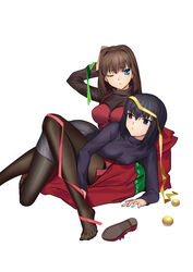  2girls aozaki_aoko black_eyes black_hair black_pantyhose black_sweater blue_eyes box breasts brown_footwear brown_hair christmas_ornaments commentary cqqz0707 dress gift gift_box grey_skirt hair_between_eyes hair_intakes hand_on_own_head highres kuonji_alice large_breasts long_hair long_sleeves looking_at_another looking_away lying lying_on_person mahou_tsukai_no_yoru miniskirt multiple_girls no_shoes one_eye_closed pantyhose red_dress red_footwear shoes short_hair simple_background sitting skirt small_breasts sweater turtleneck turtleneck_sweater unworn_shoes white_background 