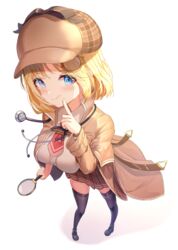  blonde_hair blue_eyes bob_cut breasts detective female from_above full_body hair_ornament hand_on_own_face highres hololive hololive_english looking_at_viewer magnifying_glass seero smile stethoscope virtual_youtuber watson_amelia watson_amelia_(1st_costume) 