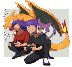  2boys :q @_@ alternate_costume black_pants black_shirt brothers charizard facial_hair fire flame-tipped_tail highres holding hop_(pokemon) leon_(pokemon) long_hair male_focus morio_(poke_orio) multiple_boys open_mouth pants pokemon pokemon_(creature) pokemon_on_back pokemon_swsh purple_hair purrloin red_shirt shirt shoes short_hair siblings sitting smile sweatdrop teeth tongue tongue_out yellow_eyes 