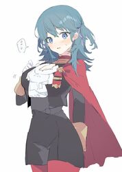  ... blue_eyes blue_hair blush breasts byleth_(female)_(fire_emblem) byleth_(fire_emblem) cape cleavage cosplay edelgard_von_hresvelg edelgard_von_hresvelg_(cosplay) female fire_emblem fire_emblem:_three_houses garreg_mach_monastery_uniform gloves hair_between_eyes hair_ribbon highres korean_commentary large_breasts long_hair long_sleeves meunhongcha pantyhose parted_lips purple_ribbon red_cape red_pantyhose ribbon simple_background solo spoken_ellipsis sweat two_side_up white_background white_gloves 