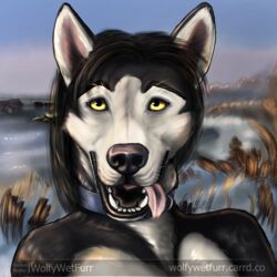  1:1 alaskan_malamute black_lips breath bust_portrait canid canine canis coastal digital_media_(artwork) domestic_dog happy hi_res lips mammal nordic_sled_dog nude painting panting portrait solo spitz tongue tongue_out wolfywetfurr_(artist) yellow_eyes 