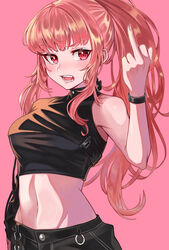  absurdres alternate_costume black_pants black_tank_top blush bracelet breasts female groin highres hololive hololive_english jewelry kiwwwwwi long_hair looking_at_viewer middle_finger midriff mori_calliope navel pants pink_background pink_hair ponytail red_eyes solo tank_top virtual_youtuber 