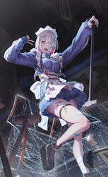  :d apron arms_up bandage_over_one_eye bandaged_leg bandages black_footwear blue_jacket blue_skirt breasts commentary_request cross cross_earrings earrings female frilled_apron frilled_skirt frills grey_eyes grey_hair grey_nails hair_ornament hair_over_one_eye hammer highres hironii_(hirofactory) indoors jacket jersey_maid jewelry maid maid_headdress medium_breasts multicolored_hair nail_polish original pink_hair power_drill shoes shopping_cart skindentation skirt sledgehammer smile solo spiked_footwear spiked_shoes spikes track_jacket two-tone_hair unconventional_maid white_apron 