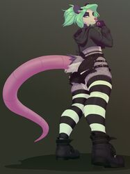  american_opossum anthro ass butt_pose clothed clothing digital_media_(artwork) female fishnet_clothing fishnet_legwear footwear hi_res legwear looking_at_viewer low-angle_view mammal marsupial missy_(artist) pose shoes solo standing thigh_highs torn_clothing virginia_opossum 