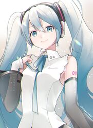  aqua_eyes aqua_hair aqua_ribbon bare_shoulders binchou_maguro chromatic_aberration commentary detached_sleeves female hair_ornament hand_up hatsune_miku hatsune_miku_(nt) headphones long_hair looking_at_viewer neck_ribbon neck_ribbon_grab piapro ribbon see-through see-through_sleeves shirt shoulder_tattoo sleeveless sleeveless_shirt smile solo tattoo twintails upper_body very_long_hair vocaloid white_shirt white_sleeves 