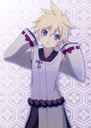  1boy bad_id bad_twitter_id blonde_hair blue_eyes commentary cowboy_shot detached_sleeves hands_up highres hirobakar inactive_account indigo_(module) japanese_clothes kagamine_len looking_at_viewer male_focus open_mouth project_diva_(series) shirt sidelighting sleeveless sleeveless_shirt sleeves_past_wrists spiked_hair vocaloid white_sleeves 