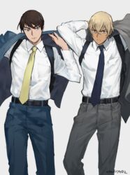  2boys amuro_tooru belt blue_eyes blue_jacket blue_necktie blue_pants blue_suit brown_hair closed_mouth collared_shirt commentary_request cowboy_shot dark-skinned_male dark_skin dressing facial_hair formal frown grey_background grey_eyes grey_jacket grey_pants grey_suit hair_between_eyes indesign jacket light_brown_hair long_sleeves looking_at_viewer male_focus meitantei_conan multiple_boys necktie pants scotch_(meitantei_conan) serious shirt short_hair side-by-side signature simple_background standing stubble suit white_shirt yellow_necktie 