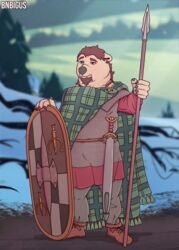  2020 anthro anthropomorphic_hilt armor bear beard belt biped black_nose bnbigus boots celt celtic celtic_sword clothed clothing crixsoartos_frost-hearth digital_media_(artwork) facial_hair fantasy footwear front_view full-length_portrait fully_clothed fur goatee hi_res holding_object holding_weapon leather leather_boots leather_clothing leather_footwear legwear male mammal medieval melee_weapon pattern_clothing pinup plaid plaid_cloak plaid_clothing polearm portrait pose roleplay scabbard sheathed_sword sheathed_weapon shield solo spear standing tartan_cloak text torc warrior weapon white_body white_fur 