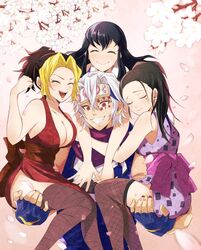  1boy 3girls ^_^ bare_shoulders black_hair blonde_hair blue_gloves breasts carrying cleavage closed_eyes ear_piercing facial_mark fingerless_gloves fishnet_thighhighs fishnets flower gloves happy headband hinatsuru_(kimetsu_no_yaiba) hug hug_from_behind husband_and_wives japanese_clothes kimetsu_no_yaiba kimono large_breasts looking_at_viewer makio_(kimetsu_no_yaiba) mole mole_under_eye multicolored_hair multiple_girls nail_polish petals piercing ponytail red_eyes san_mon sleeveless smile straight suma_(kimetsu_no_yaiba) thighhighs two-tone_hair uzui_tengen white_hair 