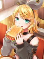  aqua_eyes bacon blonde_hair bow cheese choker commentary crop_top crumbs eating female food food_on_face grey_bow grey_shirt hair_ornament hairbow hairclip headphones highres holding holding_food indoors kagamine_rin lettuce long_sleeves looking_at_viewer nail_polish off-shoulder_shirt off_shoulder project_sekai sandwich shirt short_hair sitting smile solo soramame_pikuto swept_bangs tomato tongue tongue_out vivid_bad_squad_(project_sekai) vivid_bad_squad_rin vocaloid yellow_nails 