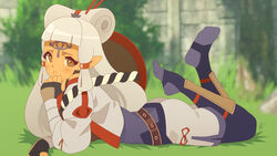  blunt_bangs brown_eyes commentary eye_symbol facial_mark feet_up female fingerless_gloves forehead_mark full_body gloves grey_hair hat hat_on_back hyrule_warriors:_age_of_calamity impa long_hair long_sleeves looking_at_viewer louis_lloyd-judson lying on_stomach pointy_ears rope sheikah solo the_legend_of_zelda the_legend_of_zelda:_breath_of_the_wild the_pose 